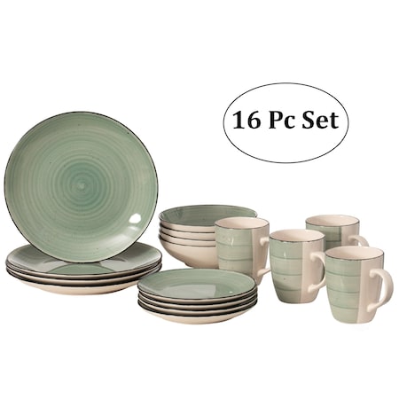 16 PC Spin Wash Dinnerware Dish Set For 4 - Mugs, Salad And Dinner Plates And Bowls Sets, Green